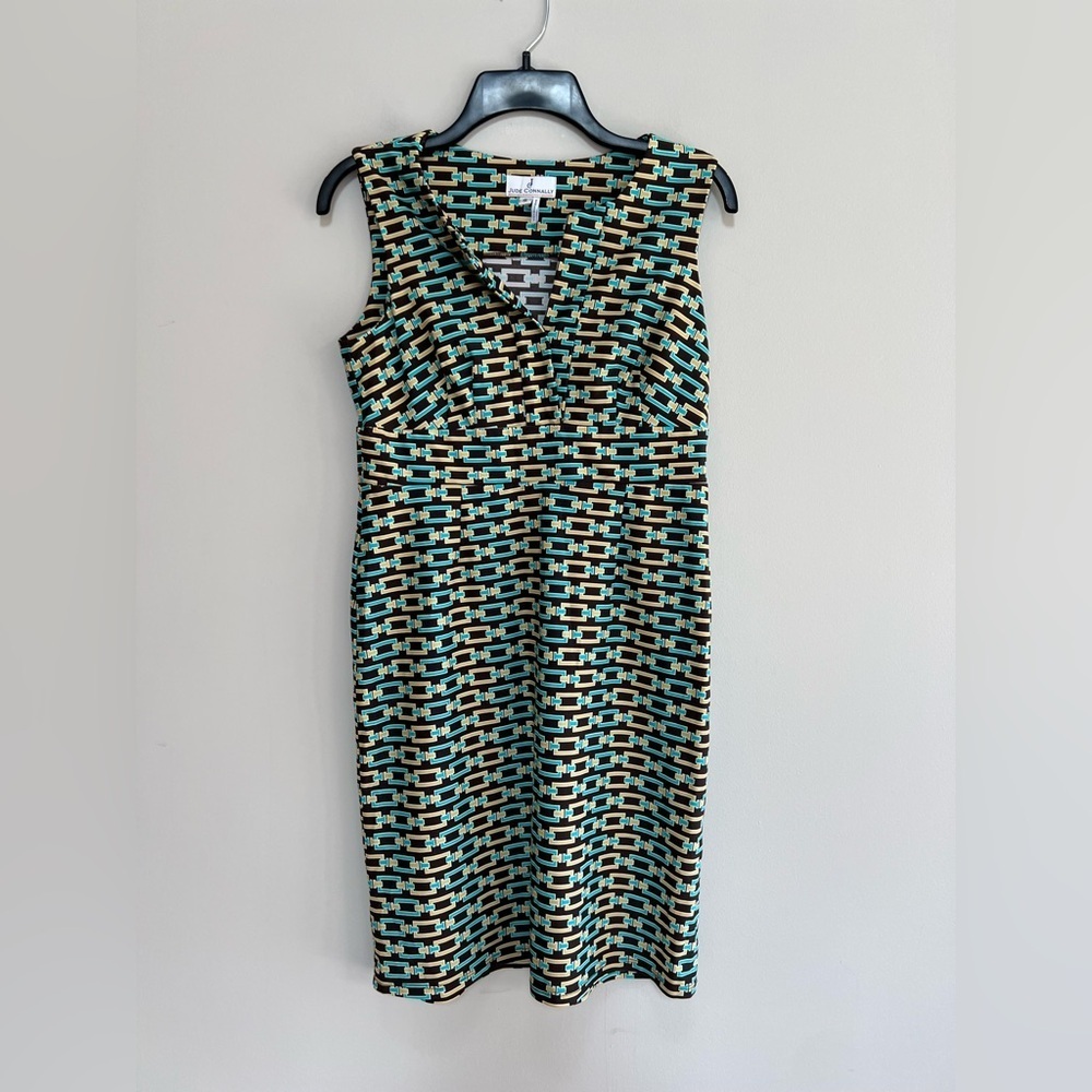 Jude Connally Geometric Chain Link Print Shift Dress in Brown Blue Yellow, S
